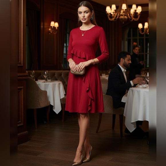 Dresses & Skirts - Elegant Burgundy Ruffle Dress